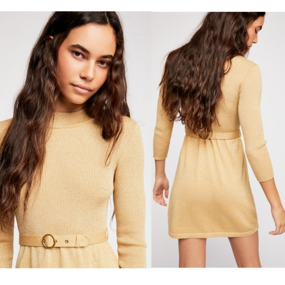 Free People French Girl Belted Mock Neck Mod Mini Dress Size Small